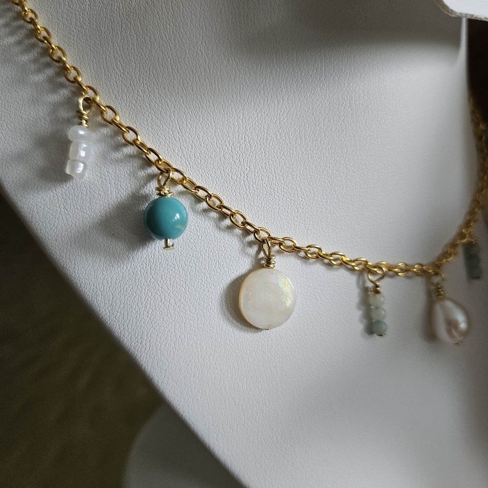 Beachy Seashell Gold and Turquoise Charm Necklace - Picture 4 of 6